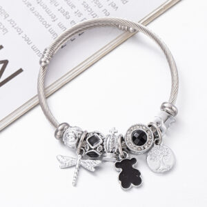 Royal Bear Charm Beaded Steel Wristband