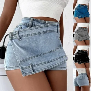 Denim Overlap Waist modern Mini Skirt-Shots