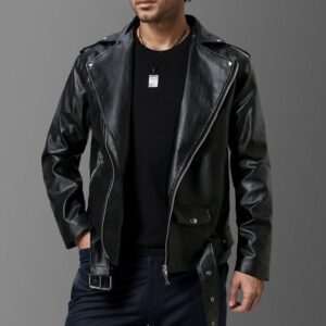 c2e54144-a66c-4b82-9a88-c31c01ebedba.jpg Slim Cut PU Leather Jacket with Biker Lapel