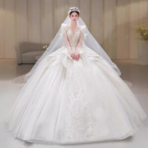 Modern French Long Sleeve Bridal Gown Dress
